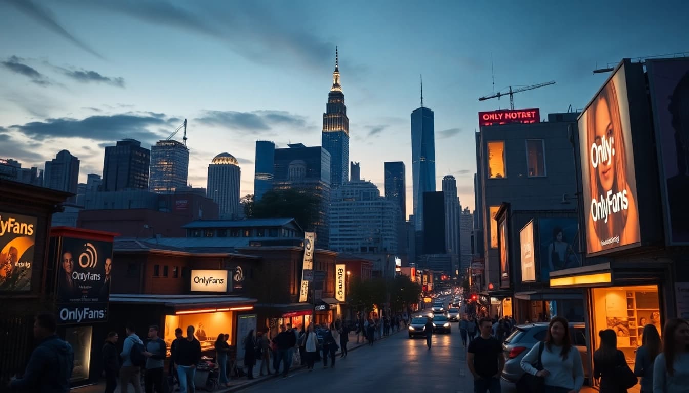 OnlyFans search by city in a lively urban scene with diverse neighborhoods and vibrant advertisements.