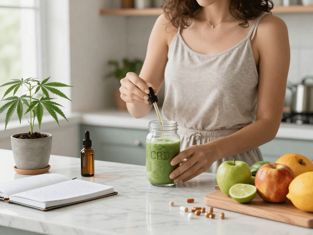 Buy weed online with premium CBD oil on kitchen counter amidst fresh ingredients in a wellness routine.