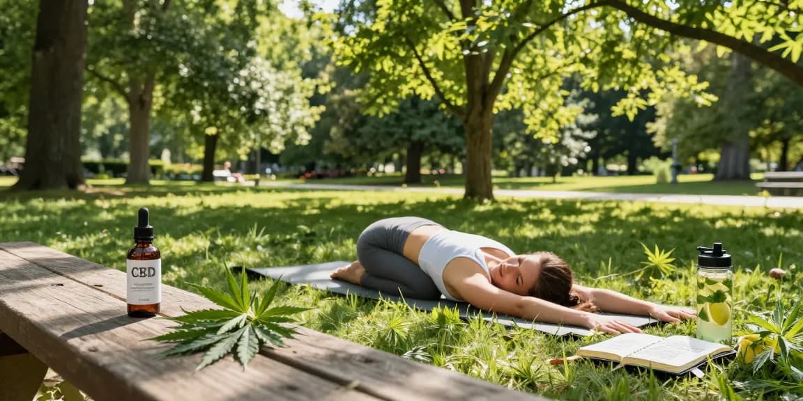 Ministry of Cannabis CBD oil in serene outdoor wellness scene with yoga and natural elements