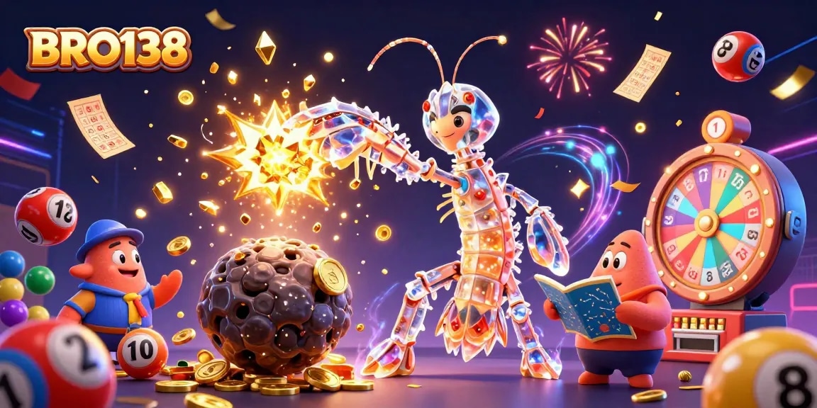 Engage with BRO138's thrilling slot action amidst a vibrant explosion of gems, confetti, and dynamic game elements.