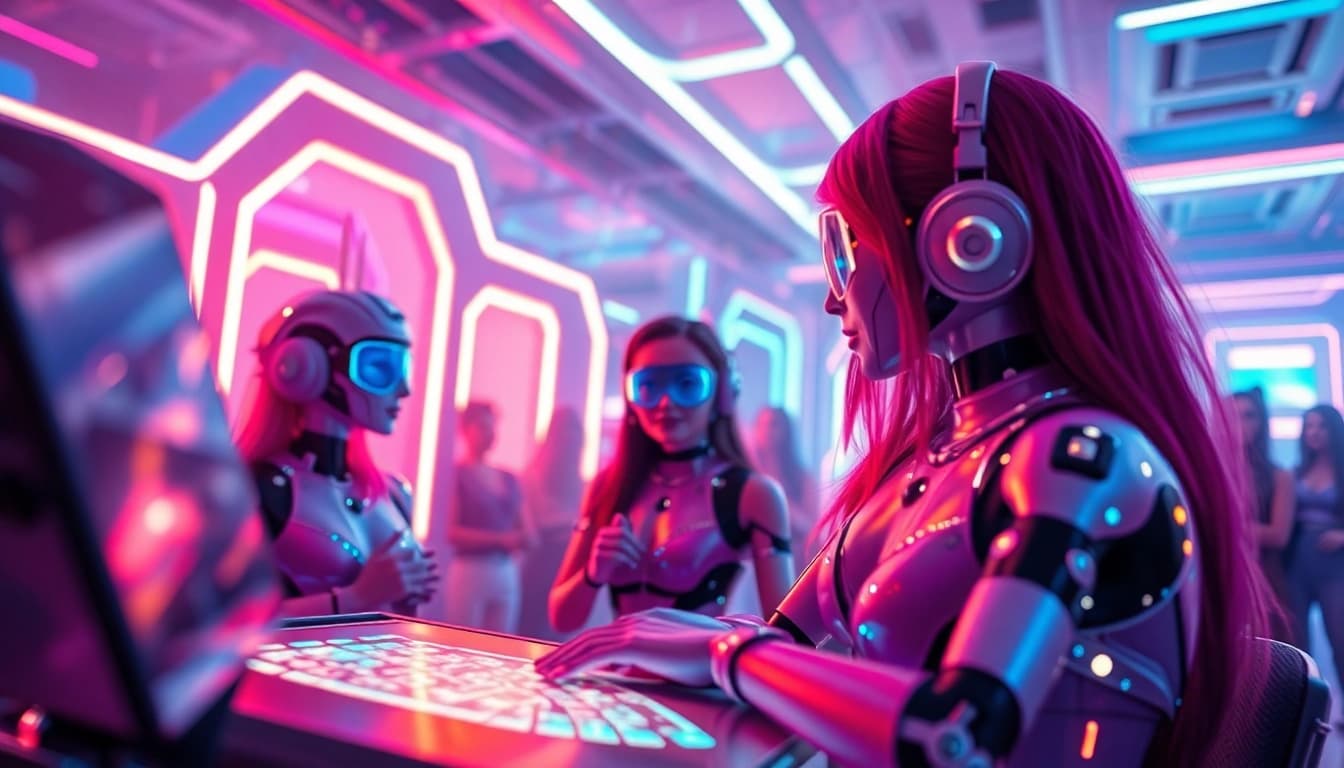 Engaging interaction in an AI porn chat setting, featuring vibrant characters and a captivating digital interface.