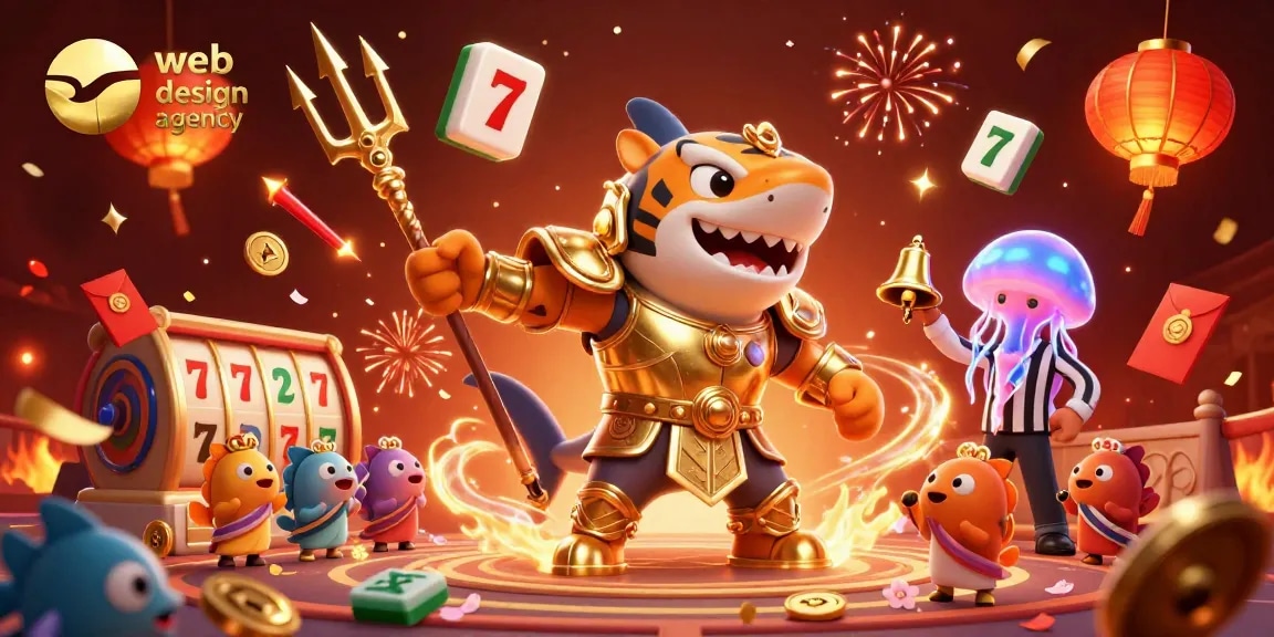 Engaging scene showcasing a web design agency's creative elements in an underwater colosseum with a tiger shark and casino symbols.