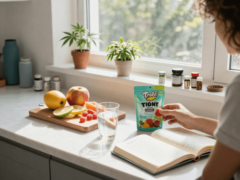 Trolli sweets UK alongside CBD oil in a bright kitchen, promoting organic wellness.