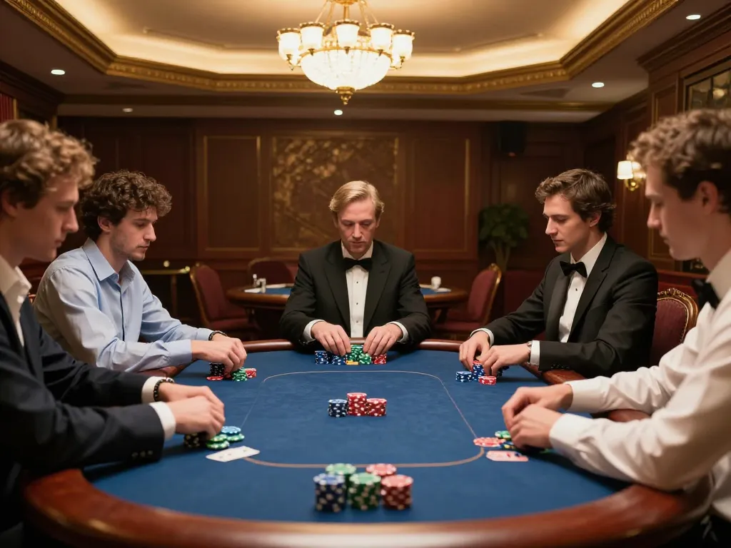 HB88 players strategizing their next bets during an intense poker game in a luxurious setting