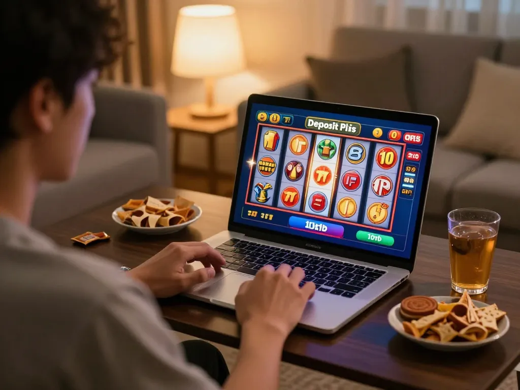 Exciting online gameplay showing a slot deposit 10rb session with spinning reels on a laptop.
