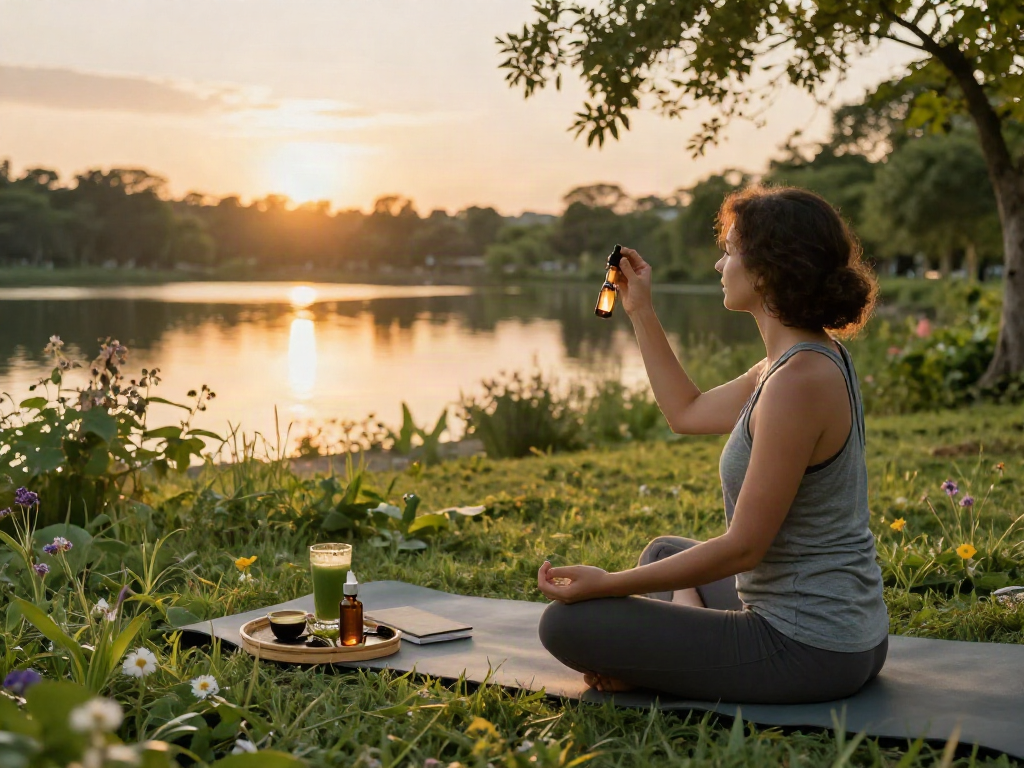 Muha Meds CBD oil being used by an individual in a peaceful outdoor wellness setting, emphasizing natural and organic relaxation.