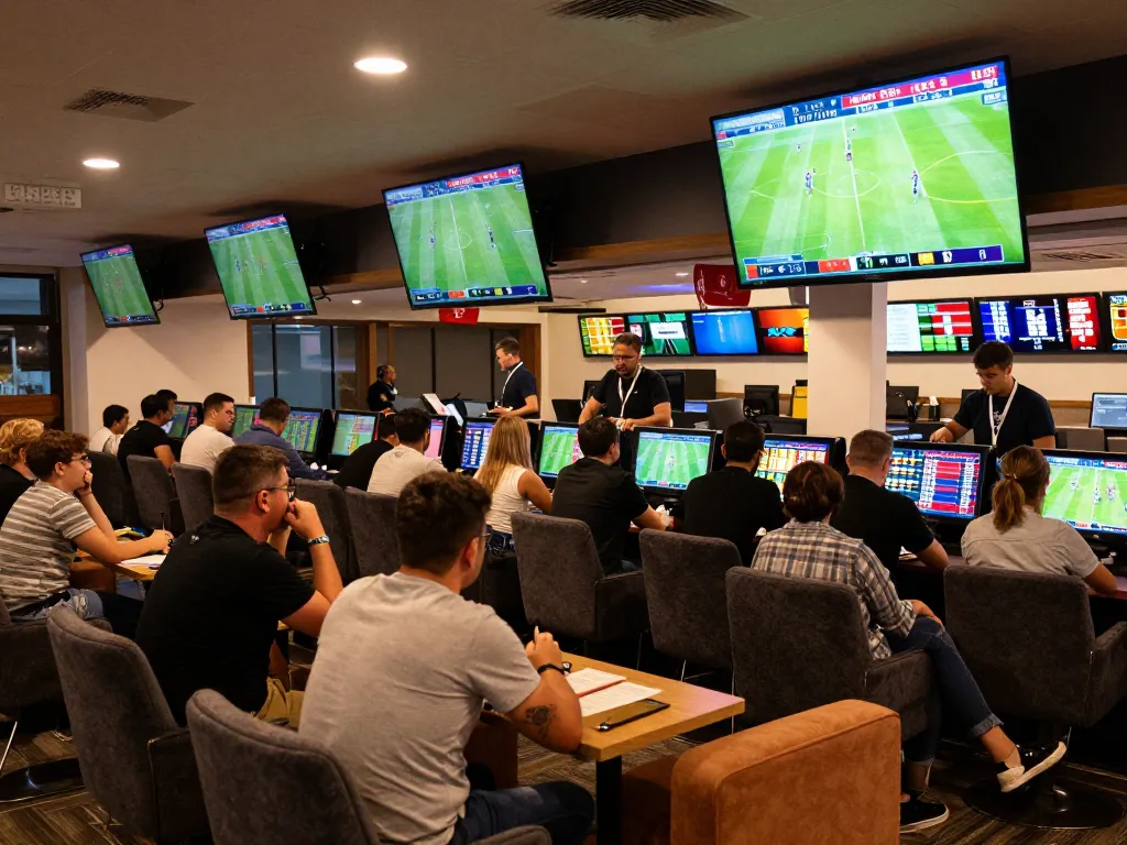 The image captures dynamic sports betting action showing tỷ lệ kèo nhà cái on multiple screens in a lively lounge setting