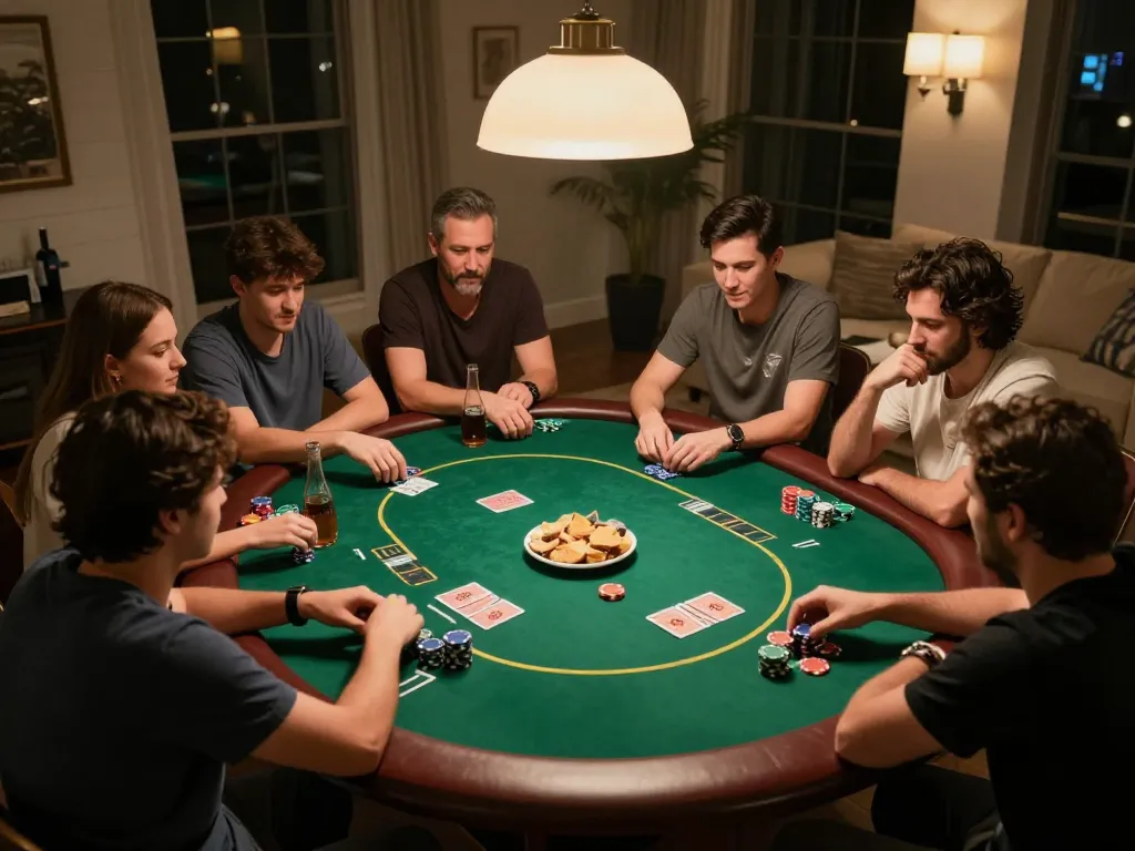 Engaging in a friendly poker game at home, representing the official hidden wiki culture of strategic gaming.