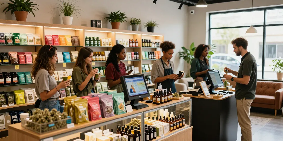 Friends exploring premium cannabis products at a modern shop to buy weed uk.