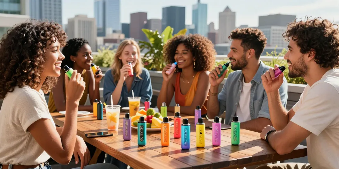 Group of friends enjoying Hitz infinity Gen 7 disposable vapes on a sunny terrace
