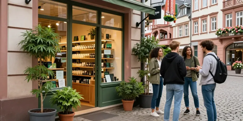 Cannabis Heidelberg shop scene with customers and green plants outside, showcasing positive community atmosphere.