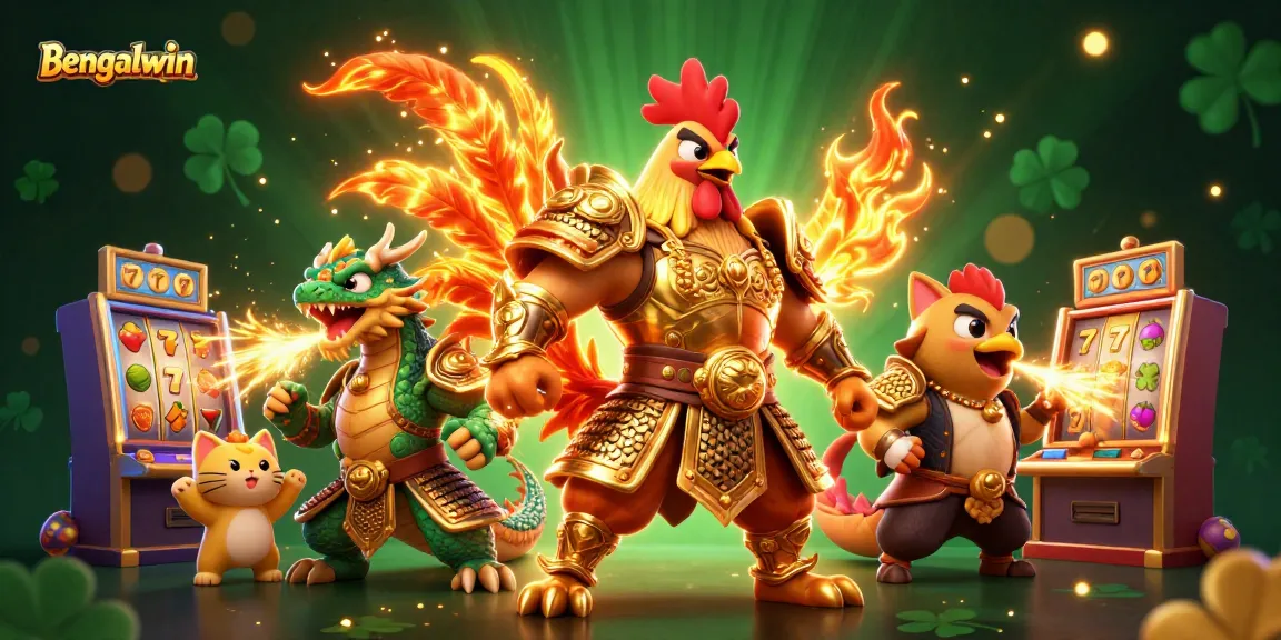 Bengalwin presents an exhilarating 3D scene of a rooster warrior and dragon hatchling amidst vibrant online slots, capturing thrilling gameplay.