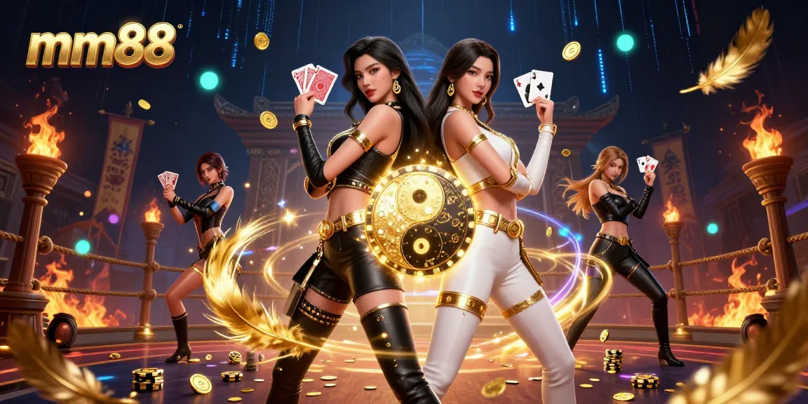 mm88 showcases twin Asian women in a dynamic casino scene holding playing cards under stunning visual effects.
