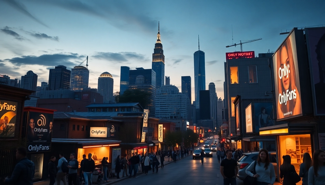 OnlyFans search by city in a lively urban scene with diverse neighborhoods and vibrant advertisements.