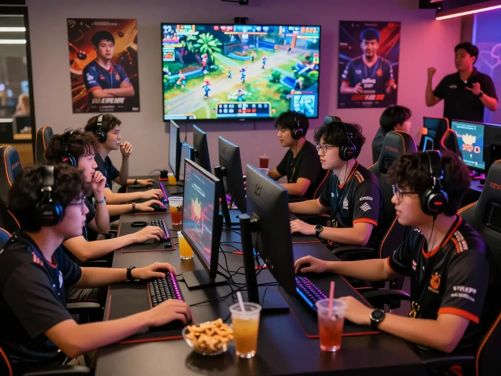 Exciting esports betting Singapore scene with gamers focused on live matches and vibrant atmosphere.