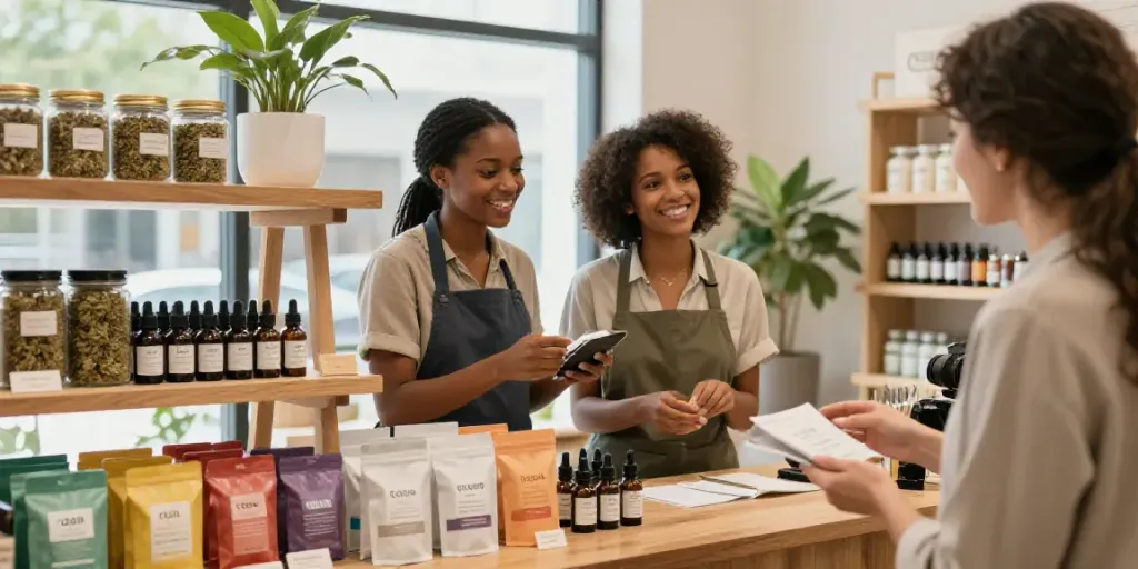 Welcoming CBD shop displaying a variety of premium CBD products and customer interactions.