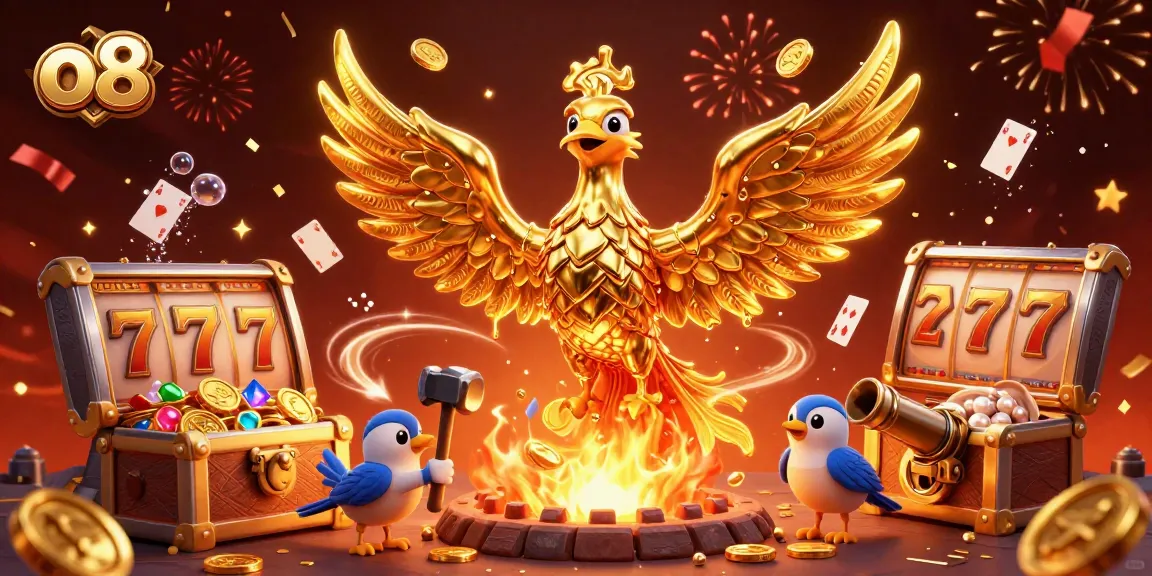 Experience thrilling wins at o8 with a vibrant 3D casino scene showcasing a molten phoenix and jackpot elements.
