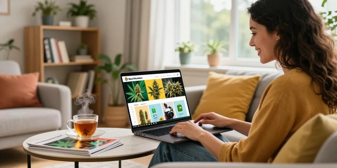 Engaging online cannabis shopping experience with weed online UK in a warm living room.