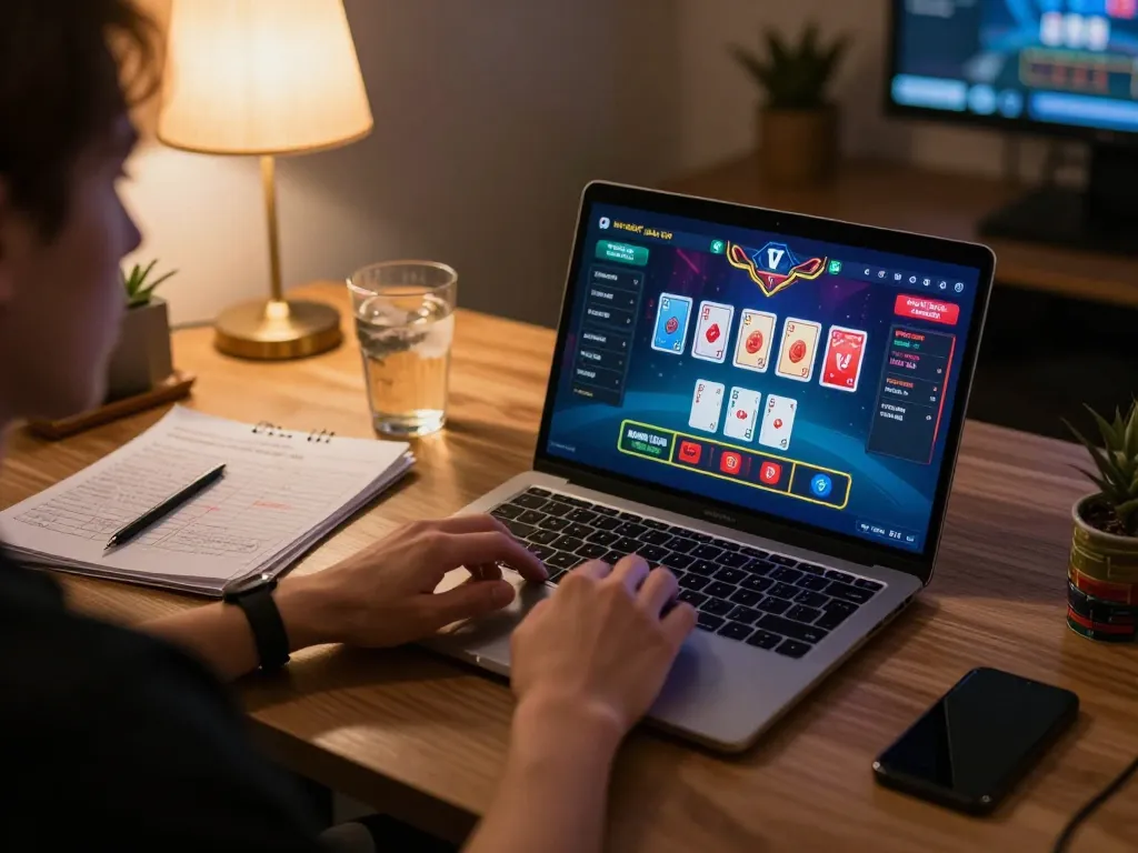 Player strategizing on laptop for 388bet blackjack at home, vibrant game interface visible