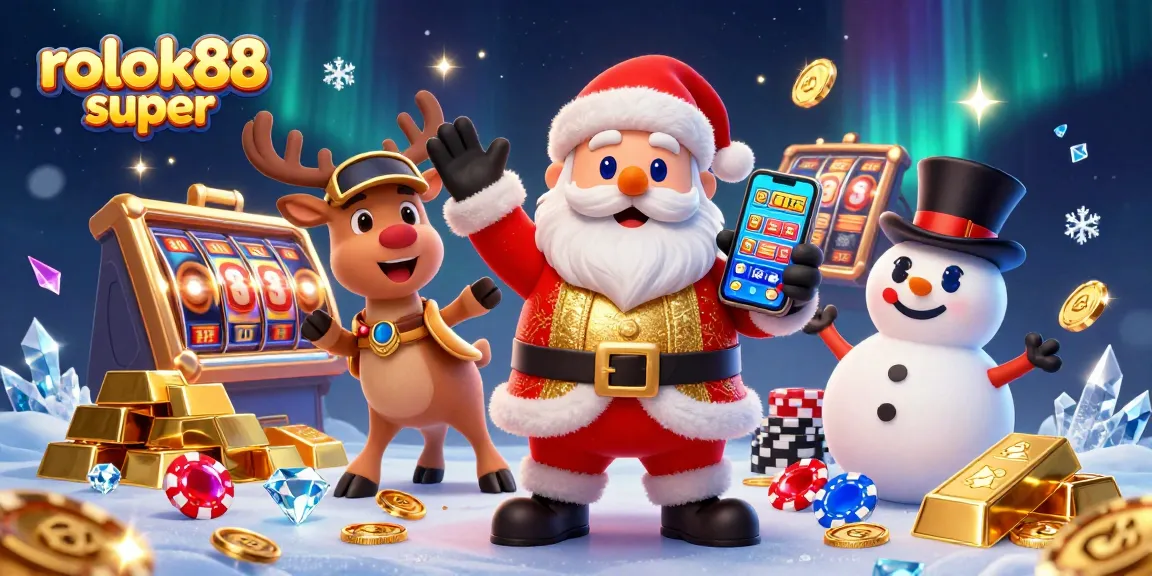 Experience thrilling wins with rokok88 super in this vibrant casino scene featuring Santa and friends.