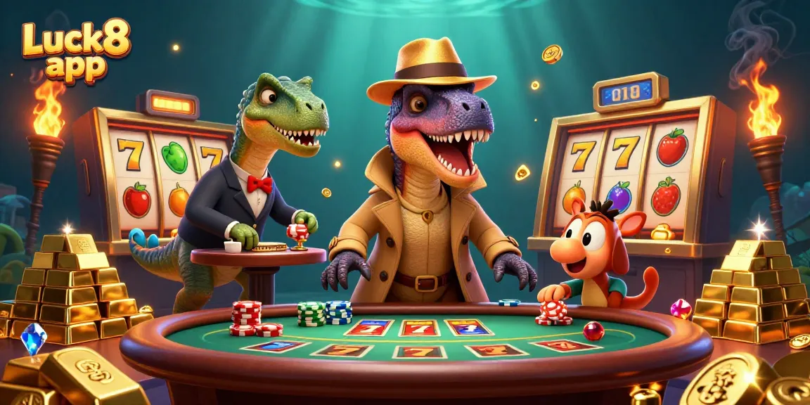 Experience the excitement with the Luck8 app as a velociraptor card counter and friends at a vibrant casino scene.