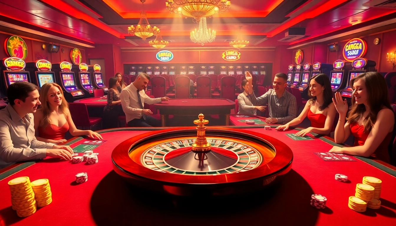 Players enjoying games at UU88 Casino with vibrant tables, slot machines, and a roulette wheel.