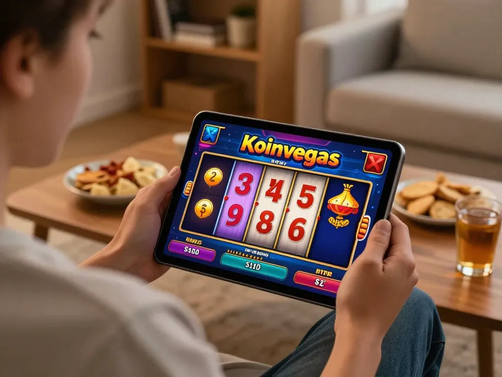 Playing koinvegas slot on a tablet in a cozy home setting with engaging game interface.