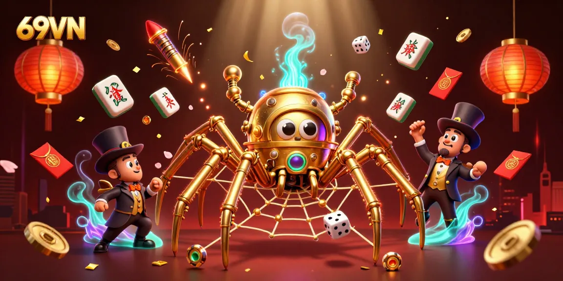 Winning at 69VN with a steampunk spider catching dice in a vibrant, animated casino scene.