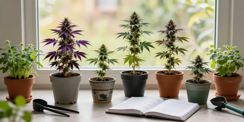 Fast flowering autoflower seeds in a bright indoor garden setting, showcasing vibrant plants and cultivation tools