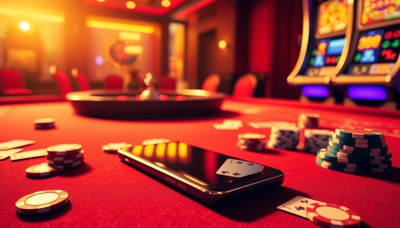 S8 smartphone amid vibrant poker chips and cards at a luxurious casino.