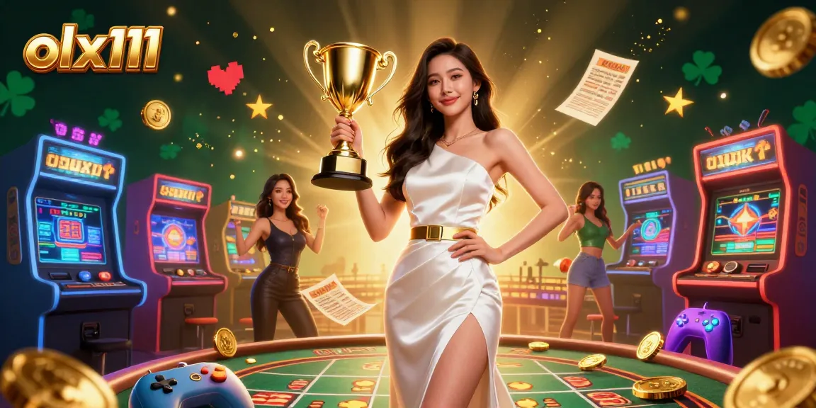 Bet big with olx111 as a confident Asian woman in a shimmering gown holds a trophy in a vibrant casino scene.