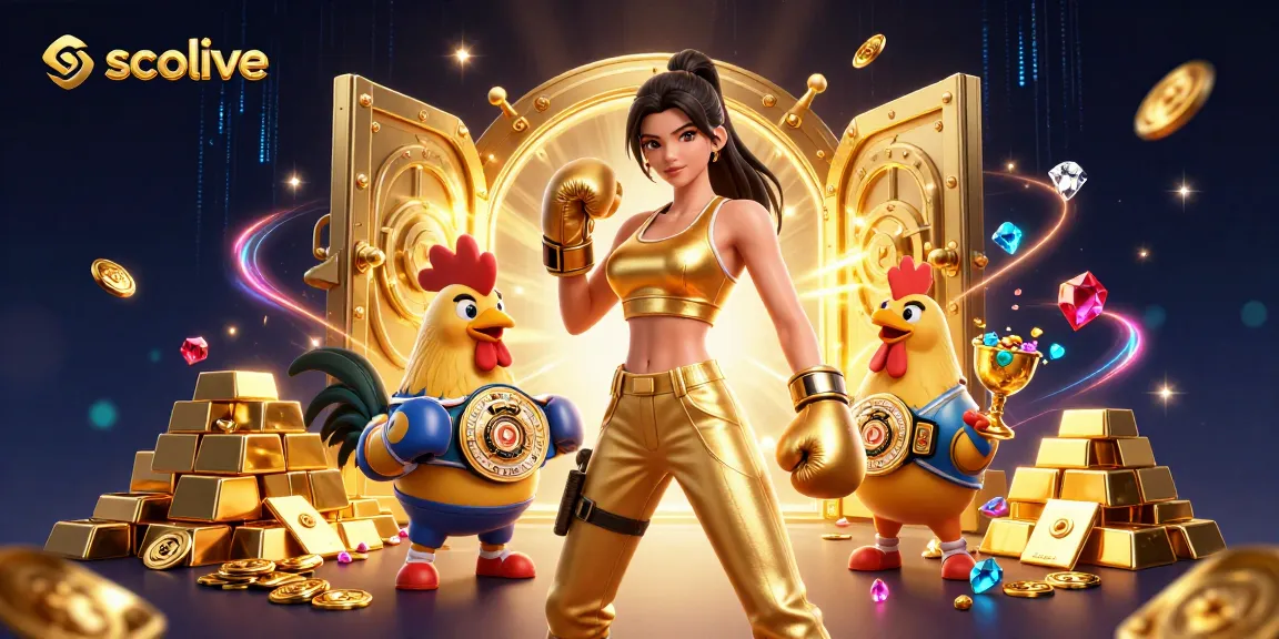 Socolive live streaming football match featuring a powerful woman and a championship rooster in an energetic gaming atmosphere