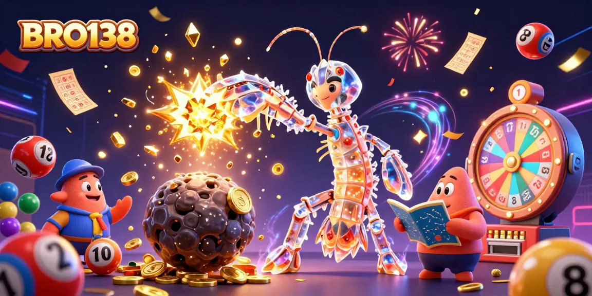 Engage with BRO138's thrilling slot action amidst a vibrant explosion of gems, confetti, and dynamic game elements.