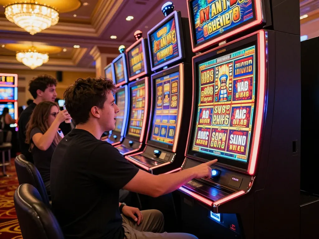 Player engaging in a slot bet 100 on a colorful machine with exciting graphics in a casino