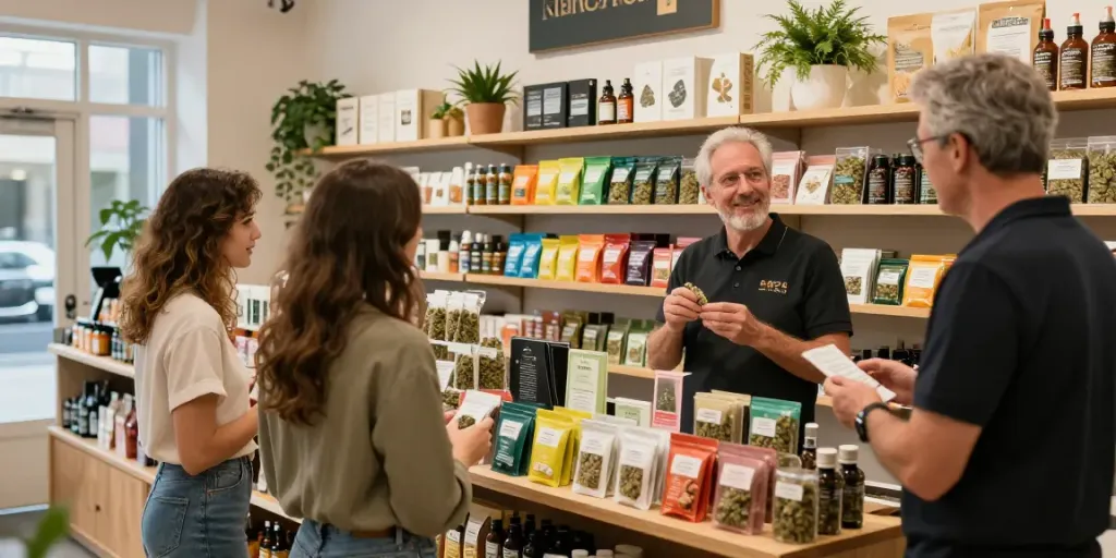 Buy weed Newcastle: A cannabis store displaying various products with customers engaging with budtender.