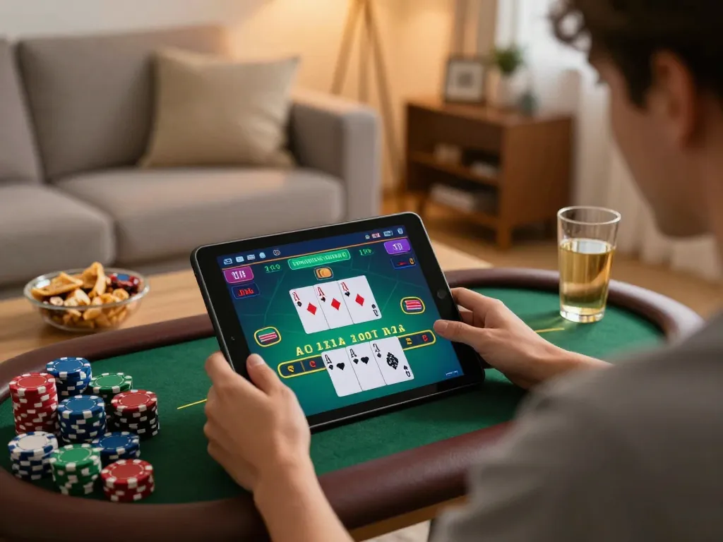 Player enjoying GG88 live dealer blackjack on a tablet in a cozy home setting