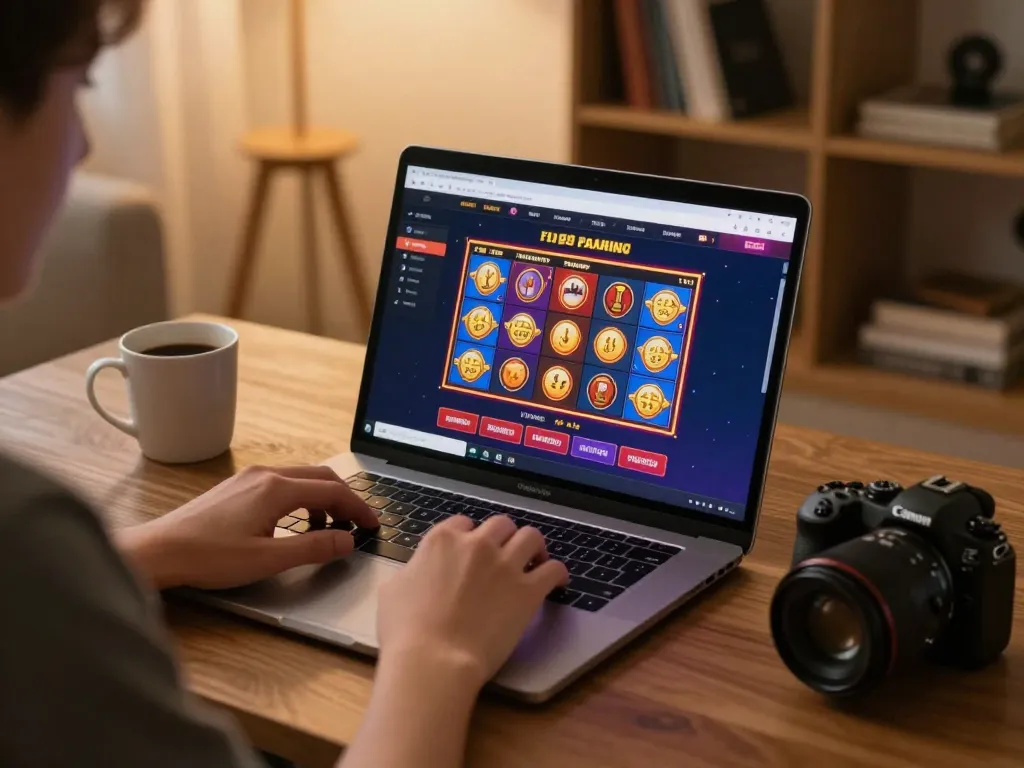 Fly88 online casino gameplay on laptop in cozy home setup showcasing strategic gaming.