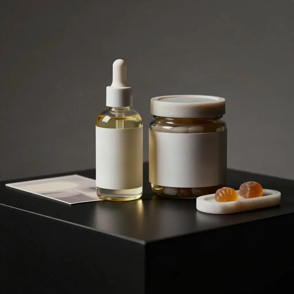 CBD oil bottle and gummies jar on a matte-black plinth with a stone tray in dramatic studio light