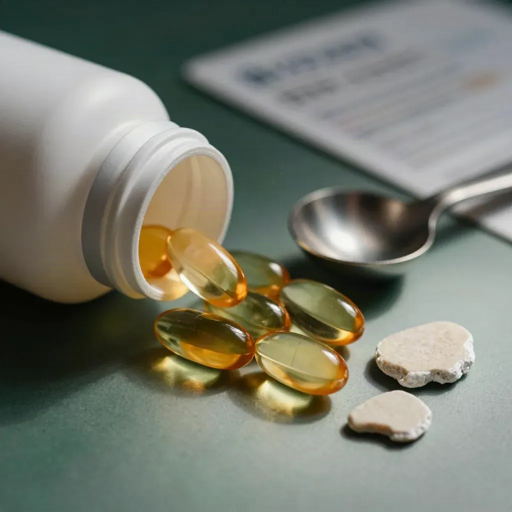 Macro of softgels bottle, capsules, metal scoop and pale stone chips on pewter surface.