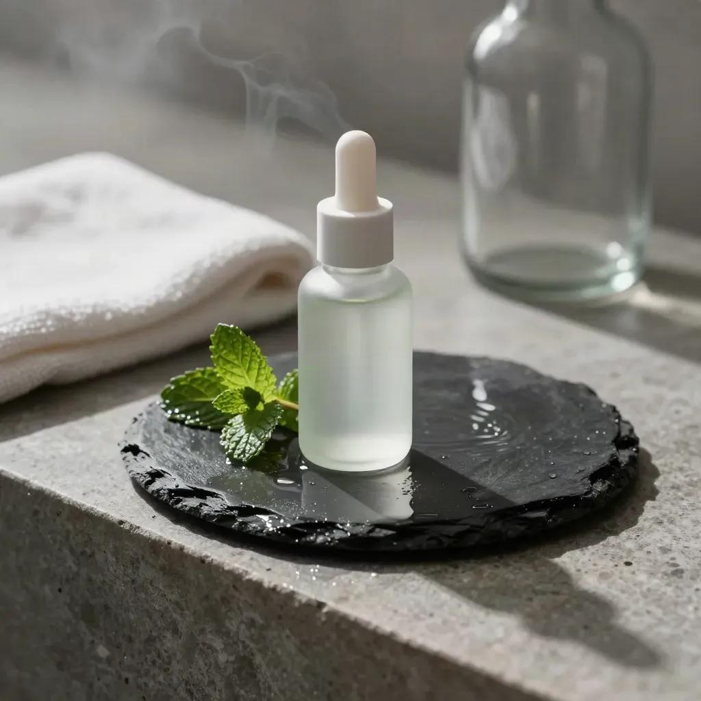 Mint CBD oil bottle on wet slate with mint leaves and soft steam.