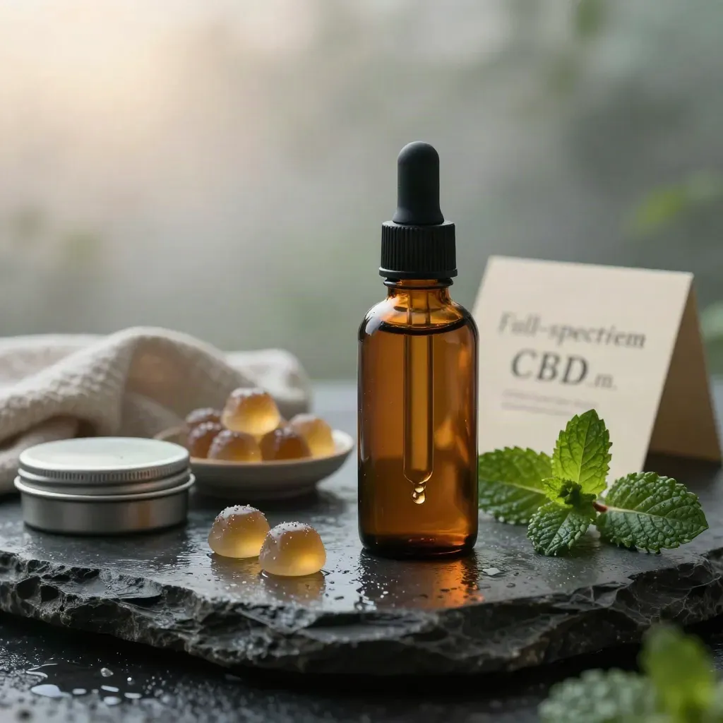 Amber CBD oil bottle with gummies, softgel tin, hemp cloth and mint on wet stone at dawn.