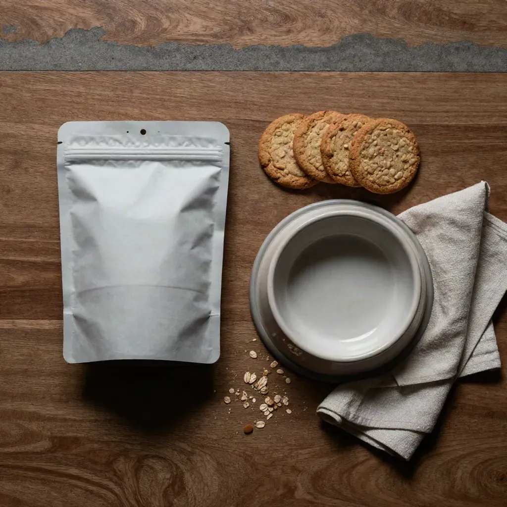 Overhead flatlay of a plain pet chews pouch, dog bowl, oat biscuits and folded linen on warm stone.