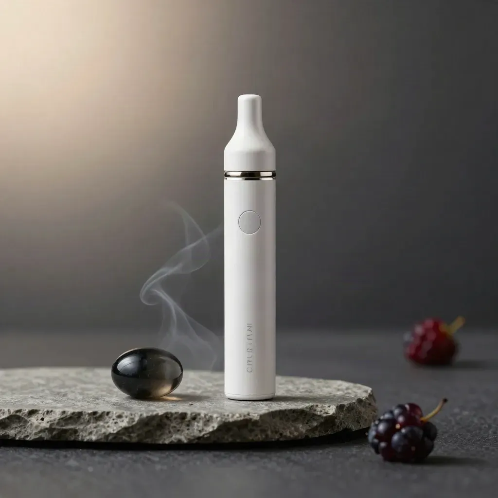 Berry vape cartridge and matching pen on a stone tray, smoke drifting past a dark glass pebble.