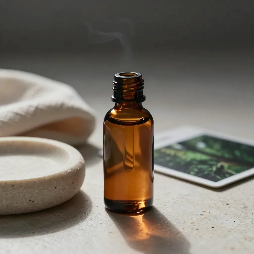 Amber CBD oil bottle with a drop bead, stone dish, linen fold, and cool mist.