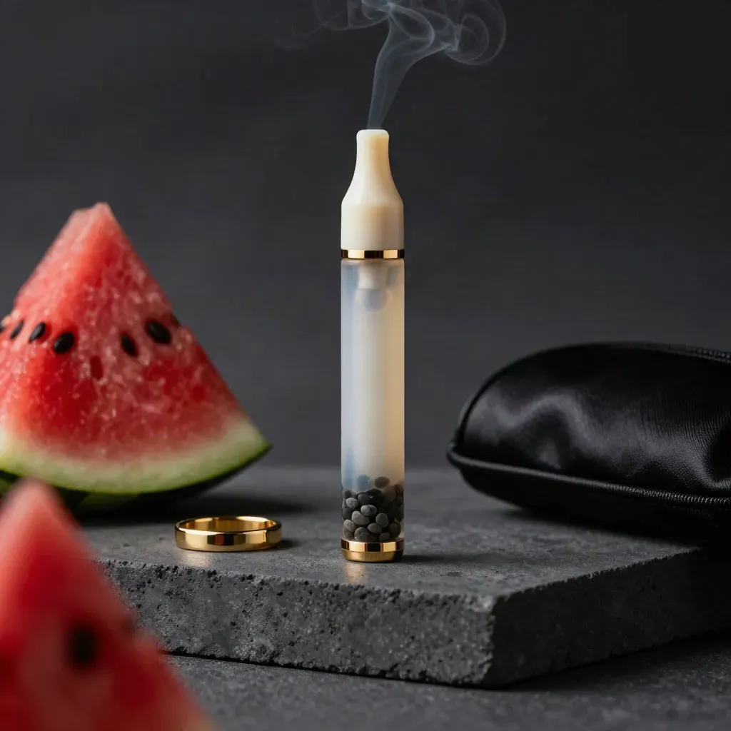 Watermelon vape pen hovering in smoke on a dark studio plinth with gold accents.