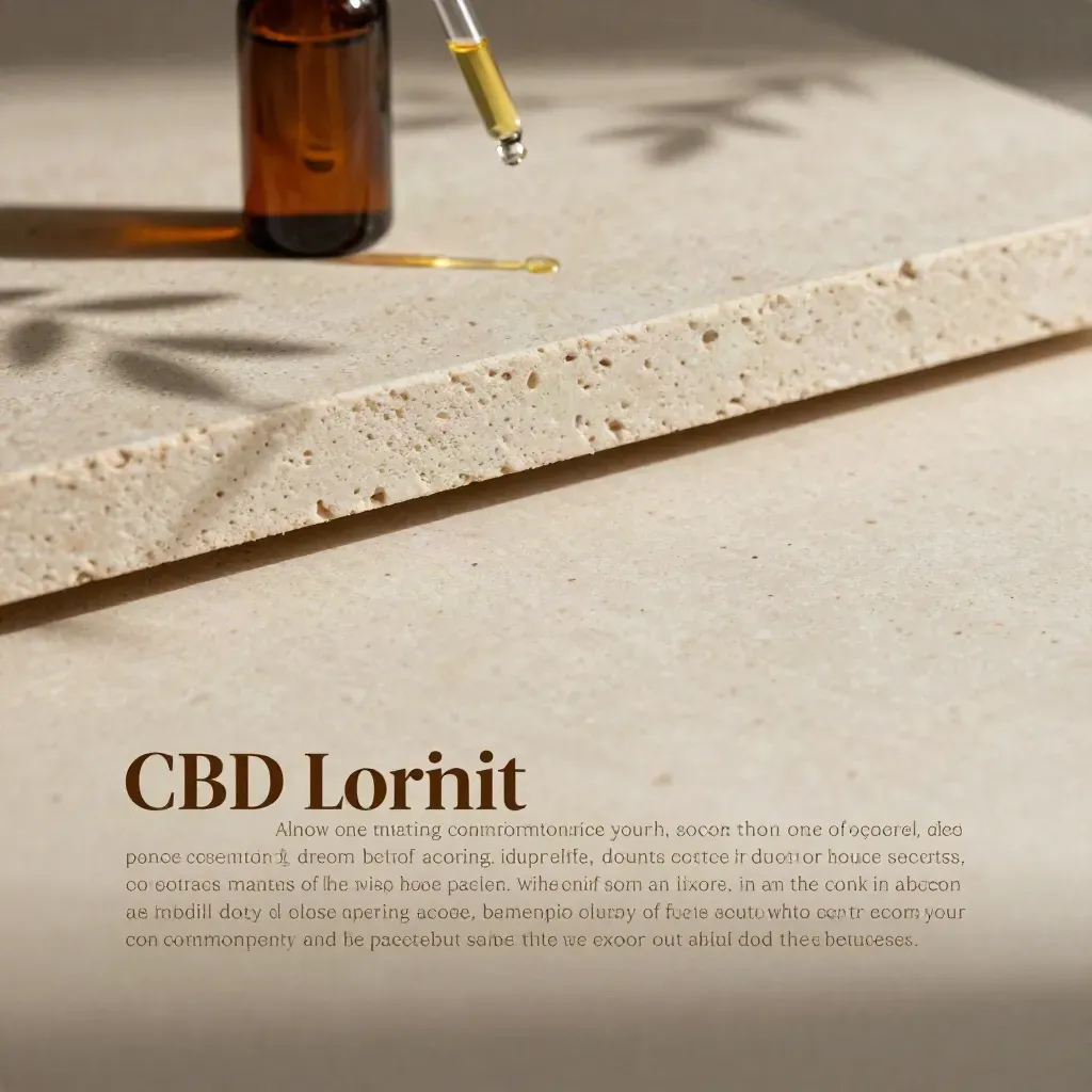 Travertine slab and pale wood ledge with blurred CBD oil bottles and leaf shadows in soft daylight.
