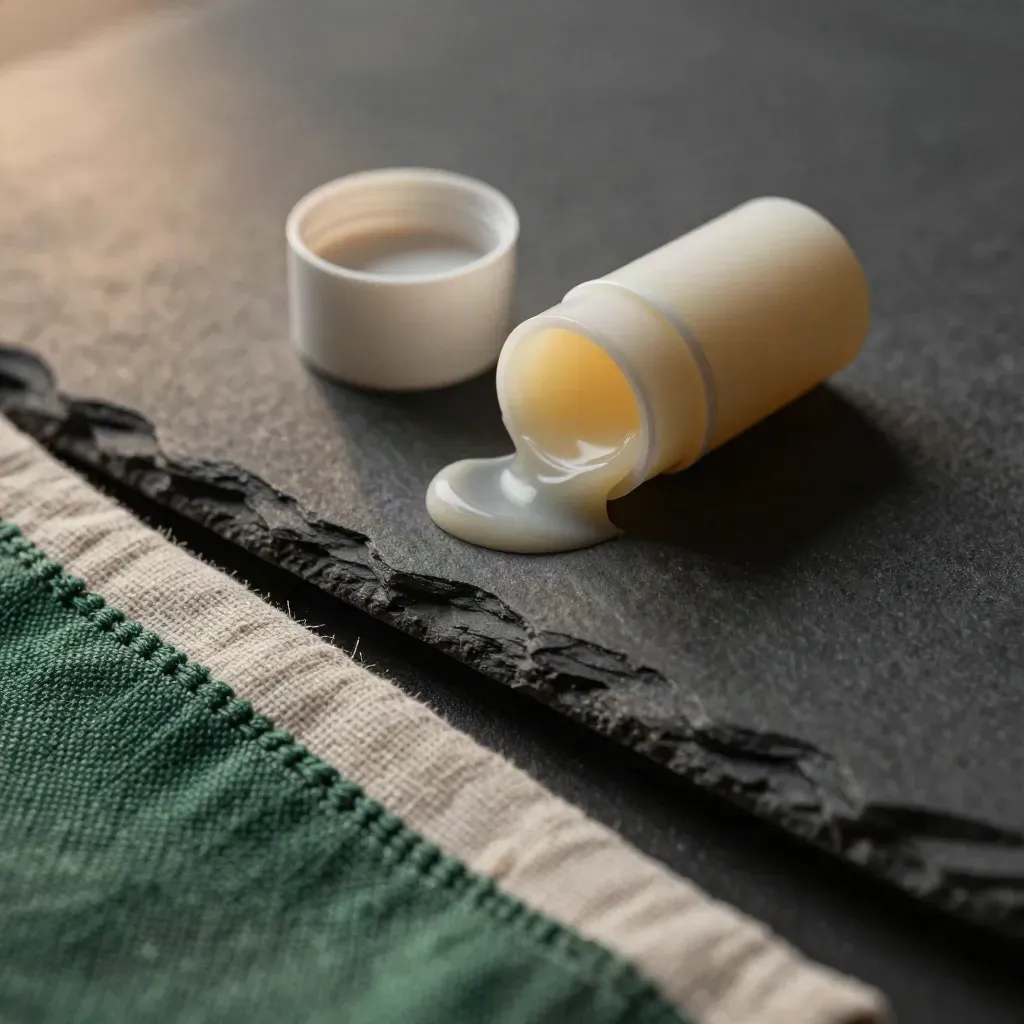 Macro balm stick gliding on pebble stone beside a linen towel with a forest-green thread