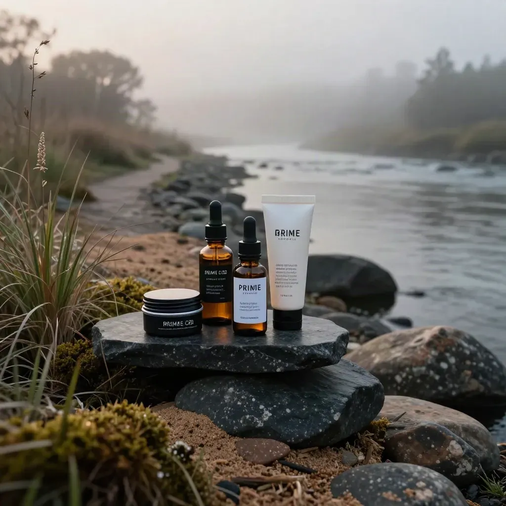 CBD topical bottles and balm on a misty rocky riverbank at blue hour