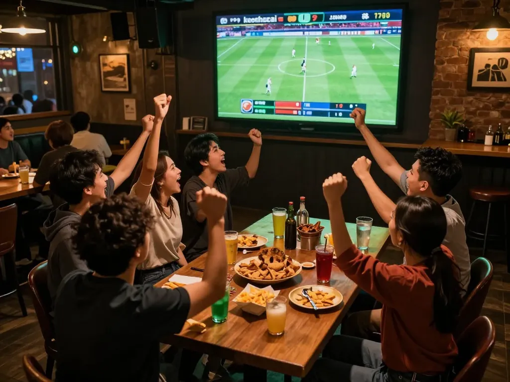 Exciting sports betting scene where friends celebrate winning bets on keonhacai during a live game.