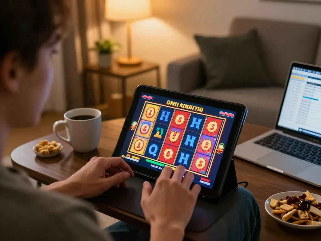 Engaging in mobile gambling at home with bj886 on a tablet, showcasing colorful slots gameplay